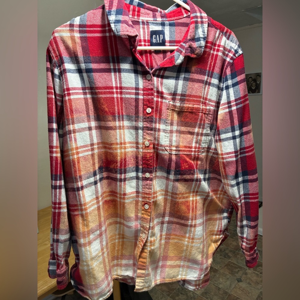 GAP Women's Red and Orange Plaid Button Down Shirt distressed